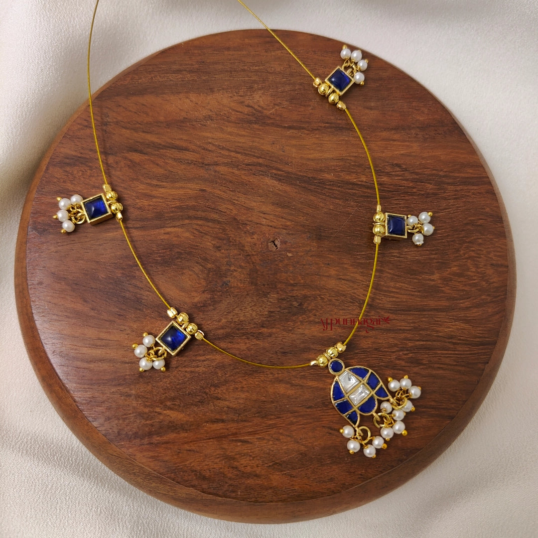 Jhumka Shaped Kundan Jadau Invisible Necklace - Blue with White