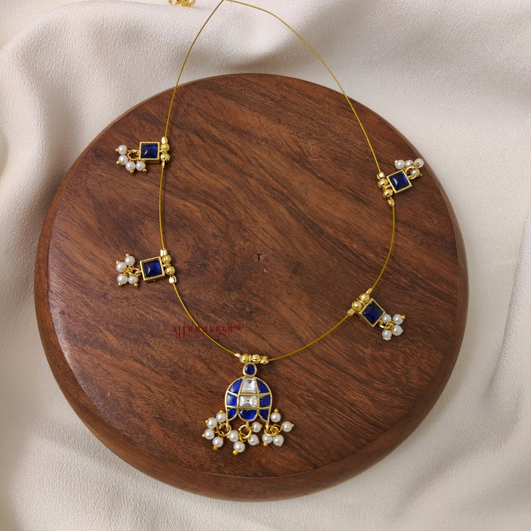 Jhumka Shaped Kundan Jadau Invisible Necklace - Blue with White