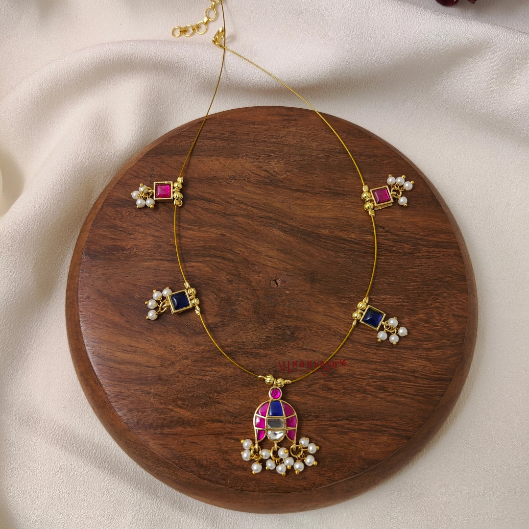 Jhumka Shaped Kundan Jadau Invisible Necklace - Pink with Blue