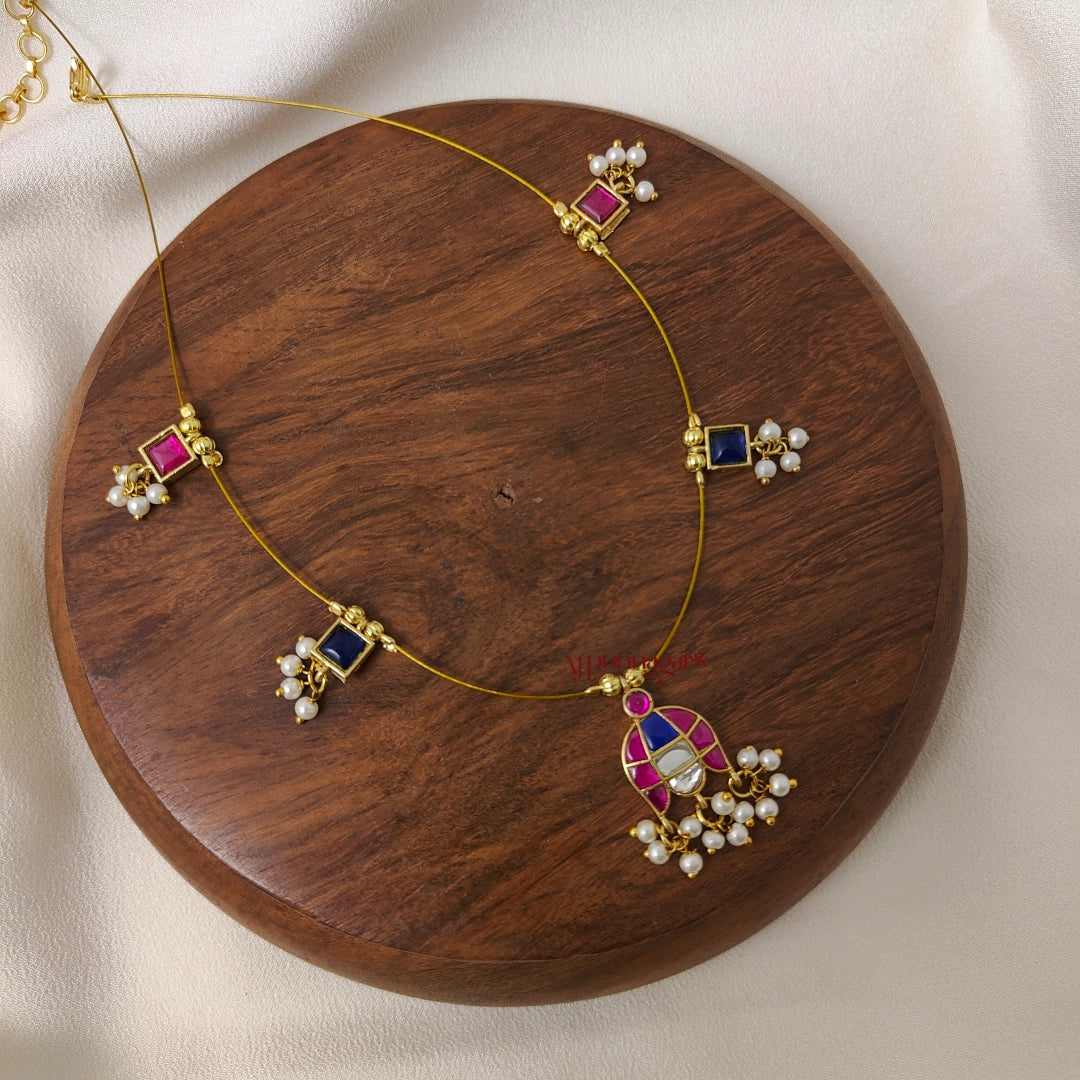Jhumka Shaped Kundan Jadau Invisible Necklace - Pink with Blue