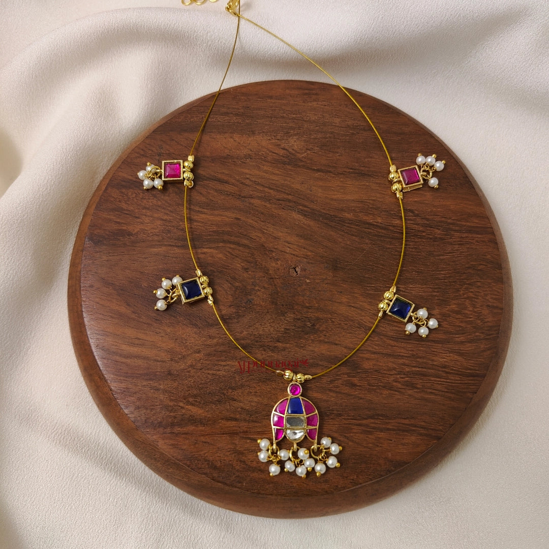 Jhumka Shaped Kundan Jadau Invisible Necklace - Pink with Blue