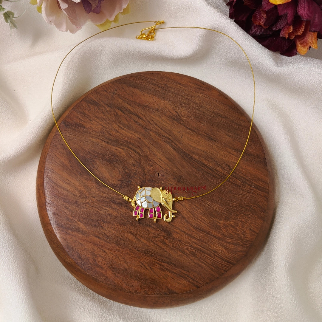 Jadau Elephant Invisible Necklace, Right - Mother of Pearl with Pink