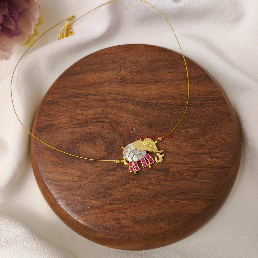 Jadau Elephant Invisible Necklace, Right - Mother of Pearl with Pink