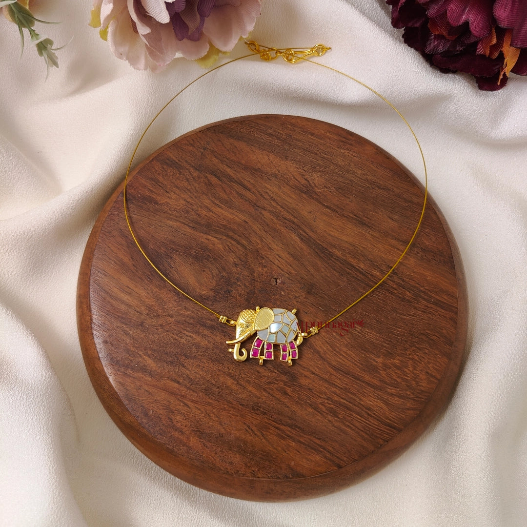 Jadau Elephant Invisible Necklace, Left - Mother of Pearl with Pink