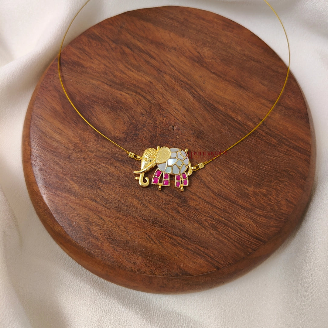 Jadau Elephant Invisible Necklace, Left - Mother of Pearl with Pink