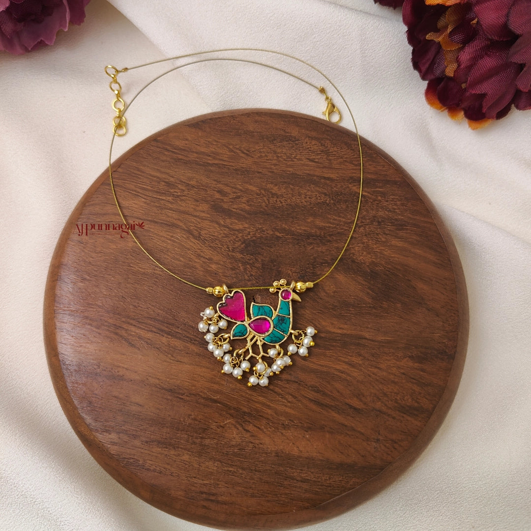 Beautiful Peacock Kundan Jadau Invisible Necklace - Turquoise with Pink