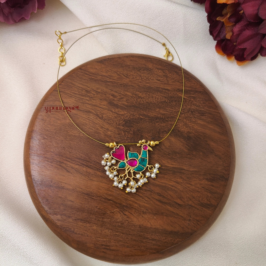 Beautiful Peacock Kundan Jadau Invisible Necklace - Turquoise with Pink