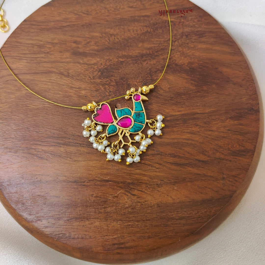 Beautiful Peacock Kundan Jadau Invisible Necklace - Turquoise with Pink