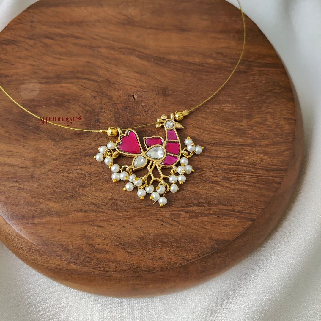 Beautiful Peacock Kundan Jadau Invisible Necklace - Pink with White