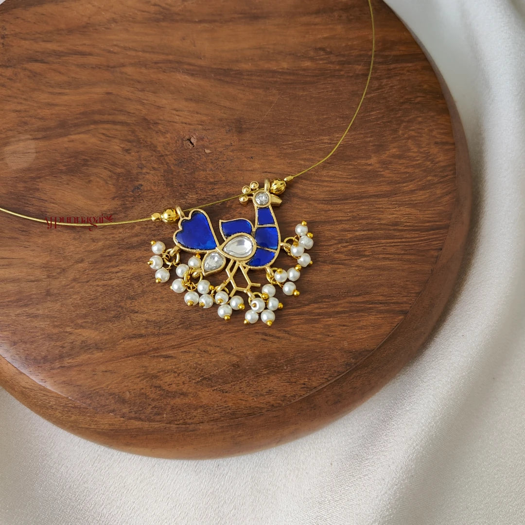 Beautiful Peacock Kundan Jadau Invisible Necklace - Blue with White