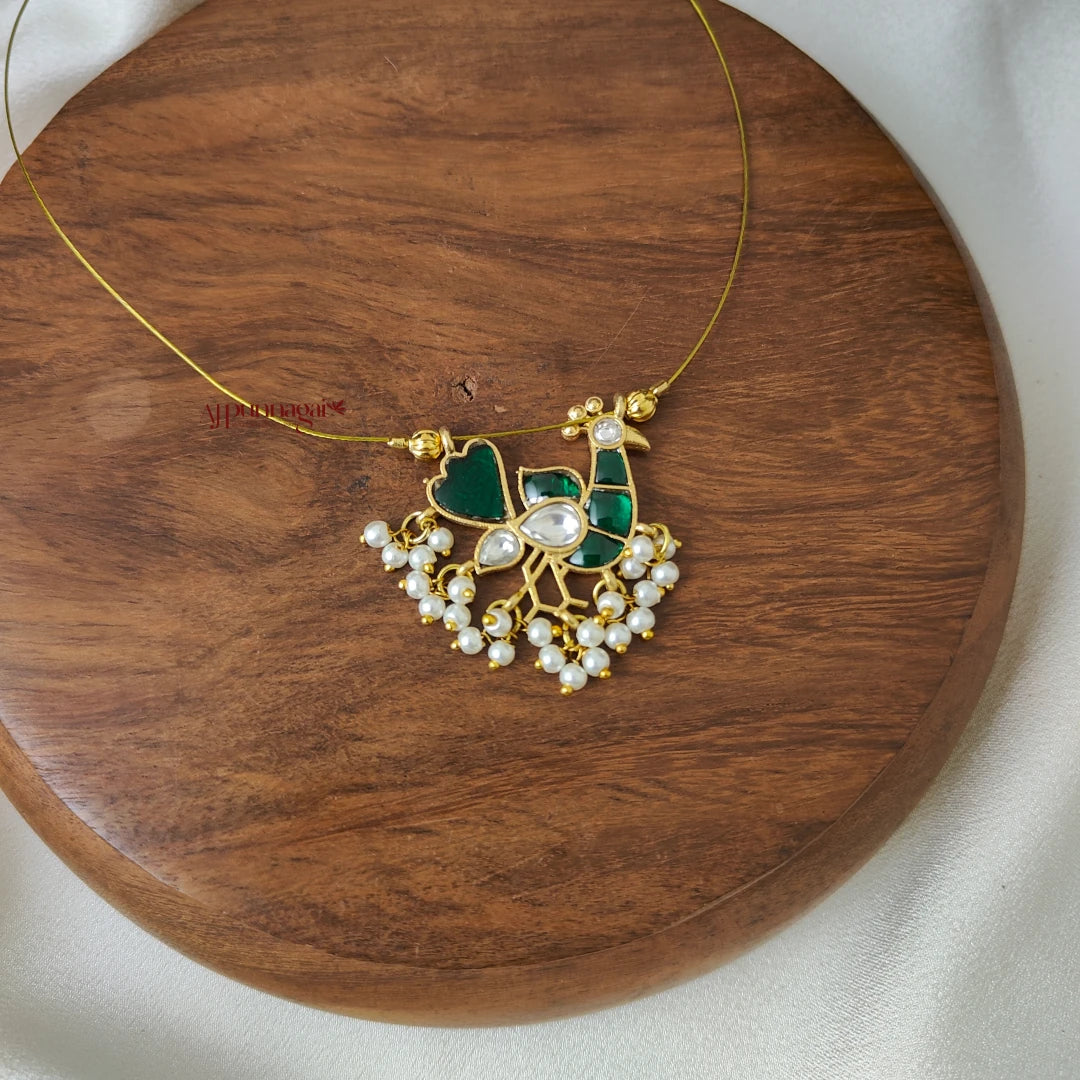 Beautiful Peacock Kundan Jadau Invisible Necklace - Green with White