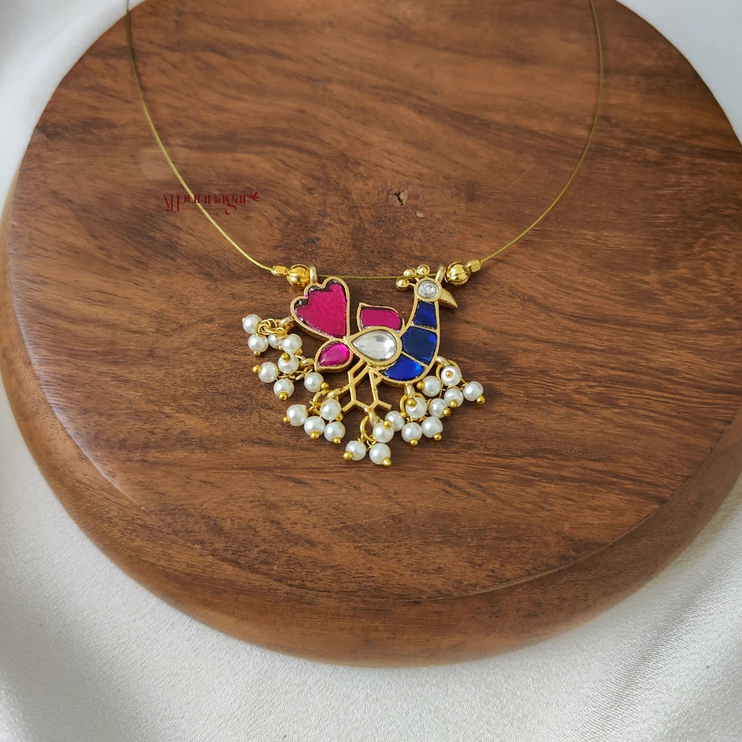 Beautiful Peacock Kundan Jadau Invisible Necklace - Blue with Pink