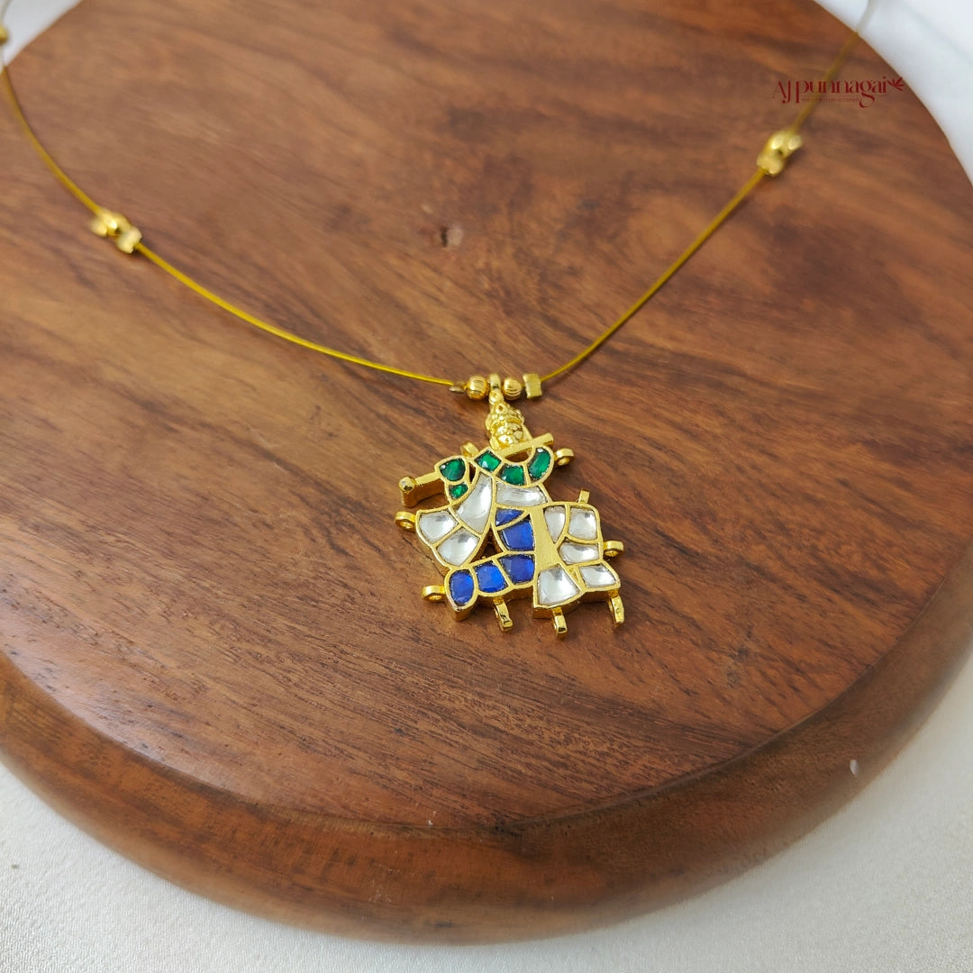 Krishna Kundan Jadau Invisible Necklace - Green with Blue