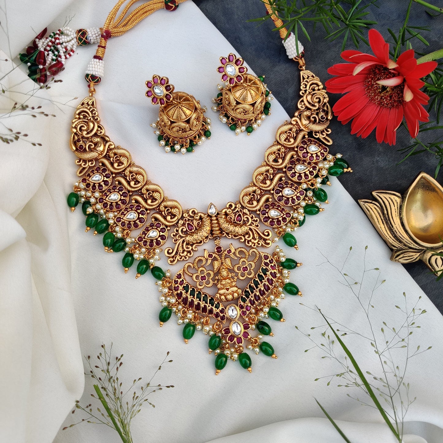 Stunning Silver Replica Lakshmi and Peacock Necklace