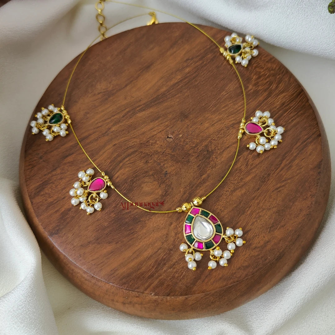 Teardrop Kundan Jadau Invisible Necklace - Pink with Green