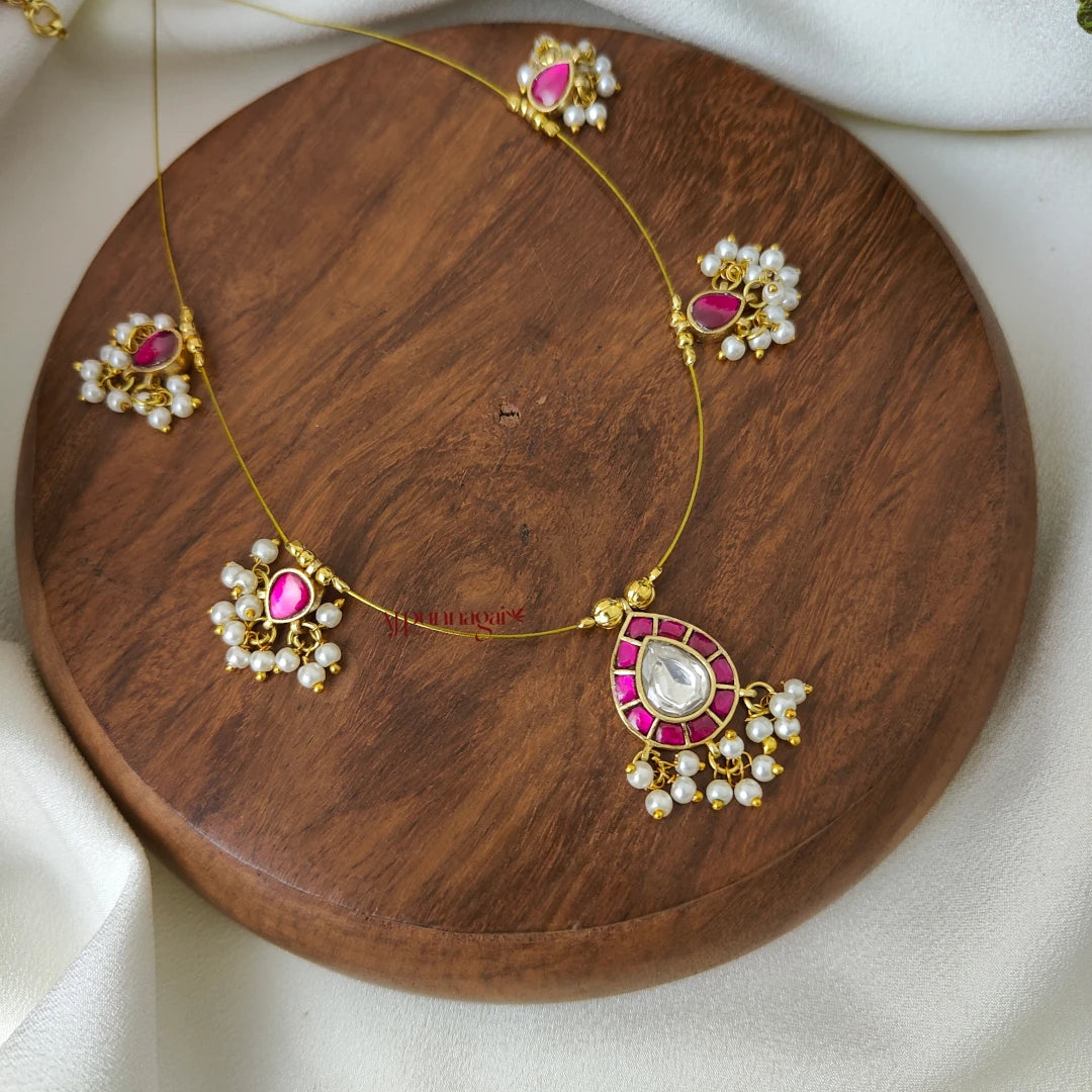 Teardrop Kundan Jadau Invisible Necklace - Pink