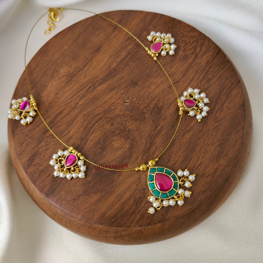 Teardrop Kundan Jadau Invisible Necklace - Turquoise with Pink