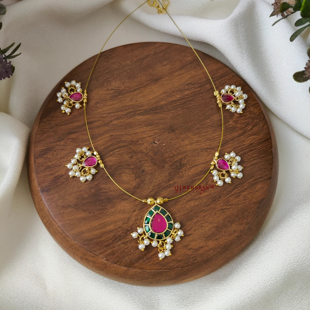 Teardrop Kundan Jadau Invisible Necklace - Green with Pink