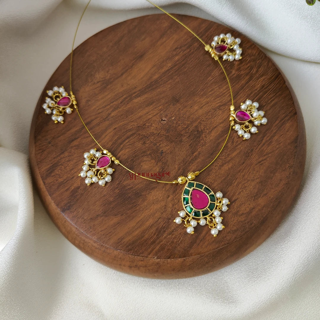 Teardrop Kundan Jadau Invisible Necklace - Green with Pink