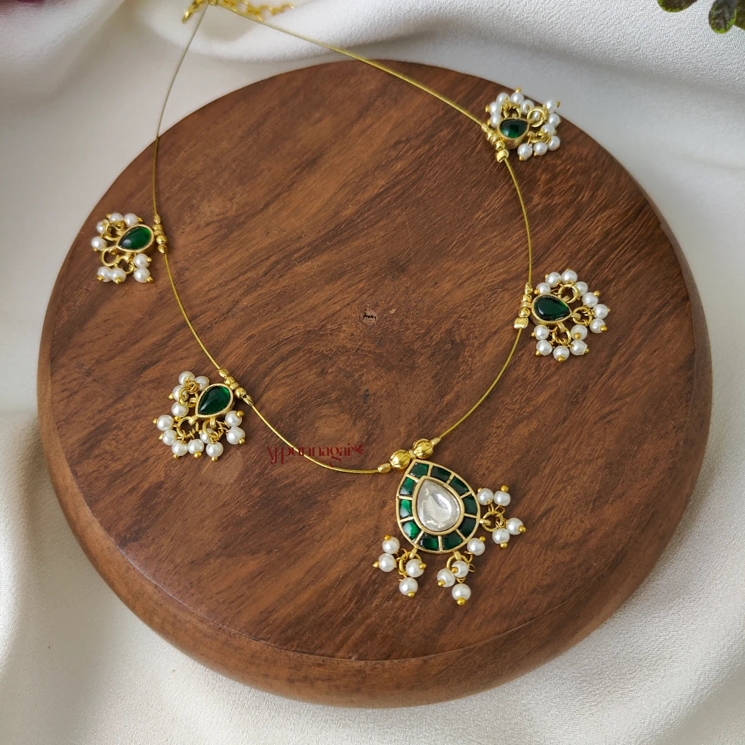Teardrop Kundan Jadau Invisible Necklace - Green with White