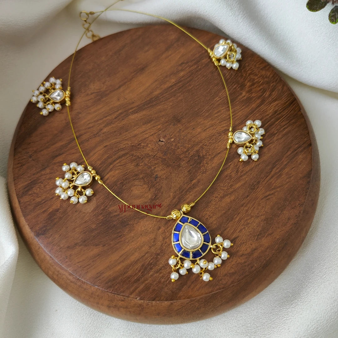Teardrop Kundan Jadau Invisible Necklace - Blue with White