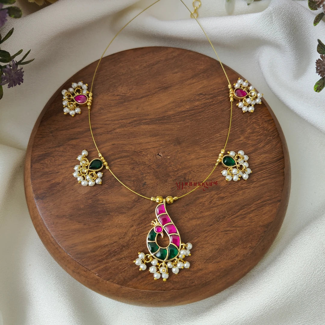Beautiful Peacock Kundan Jadau Invisible Necklace - Green With Pink