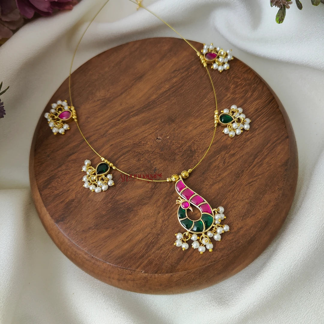 Beautiful Peacock Kundan Jadau Invisible Necklace - Green With Pink