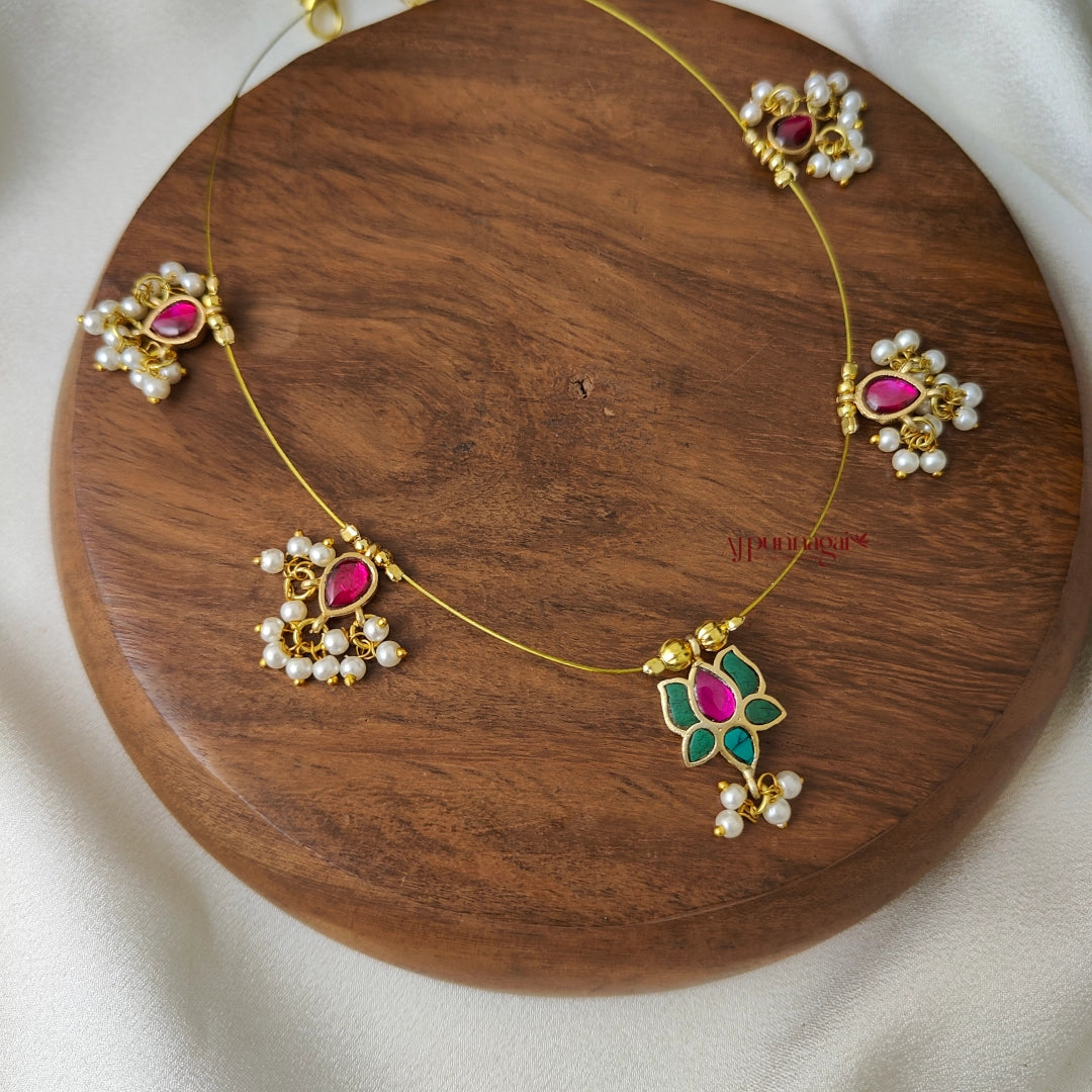 Turquoise With Pink Kundan Jadau Lotus Invisible Necklace