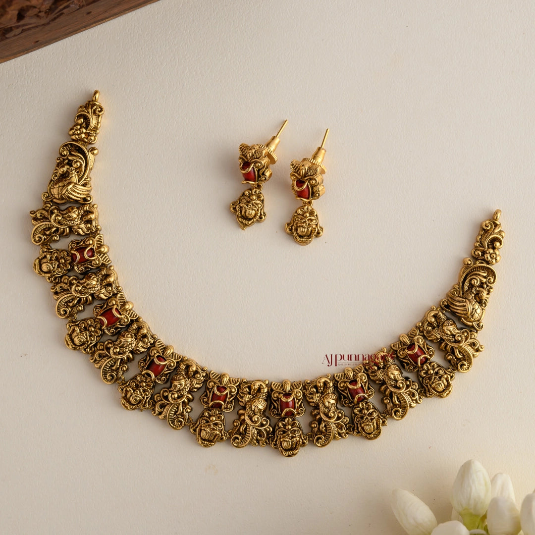 Peacock With Floral Coral Nakshi Necklace