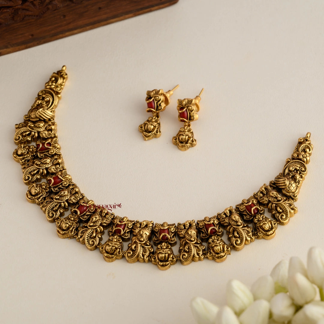 Peacock With Floral Coral Nakshi Necklace