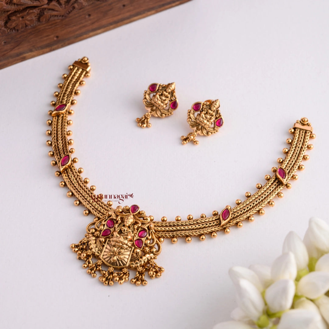 Royal Gold Look Alike Nakshi Necklace - Ruby