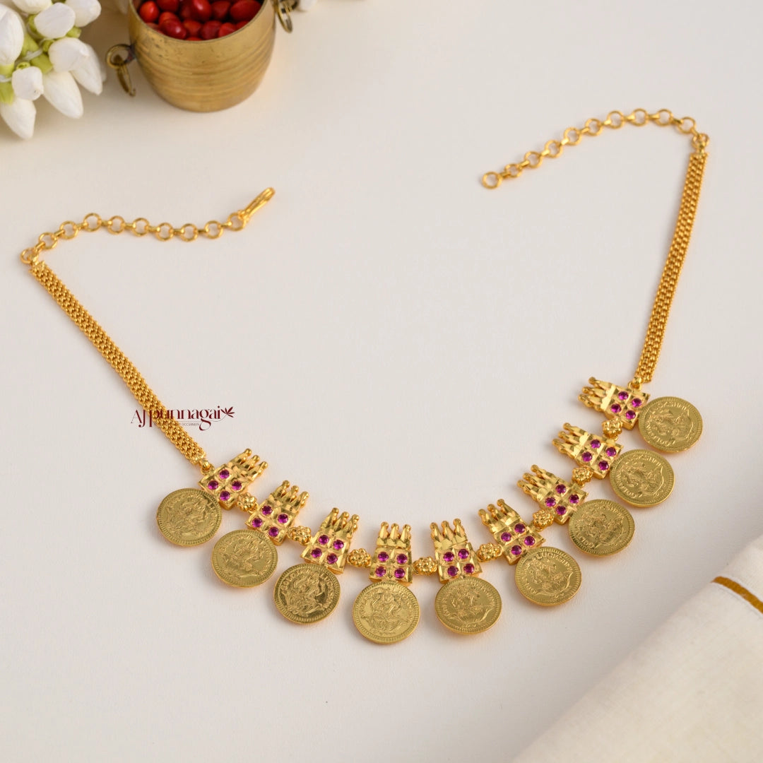 Gold Finish Lakshmi Coin Necklace - Pink