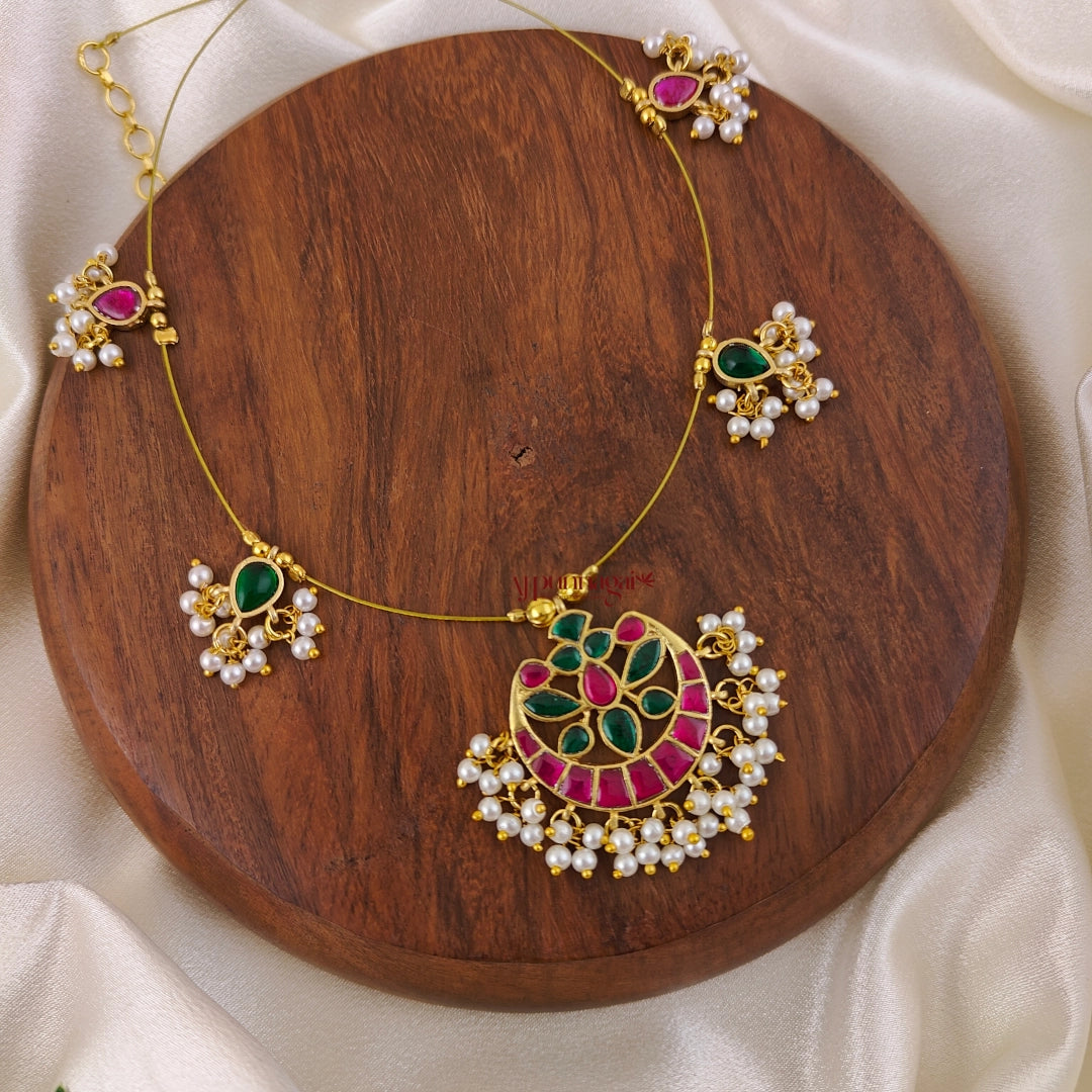 Floral Kundan Jadau Invisible Necklace - Ruby With Green