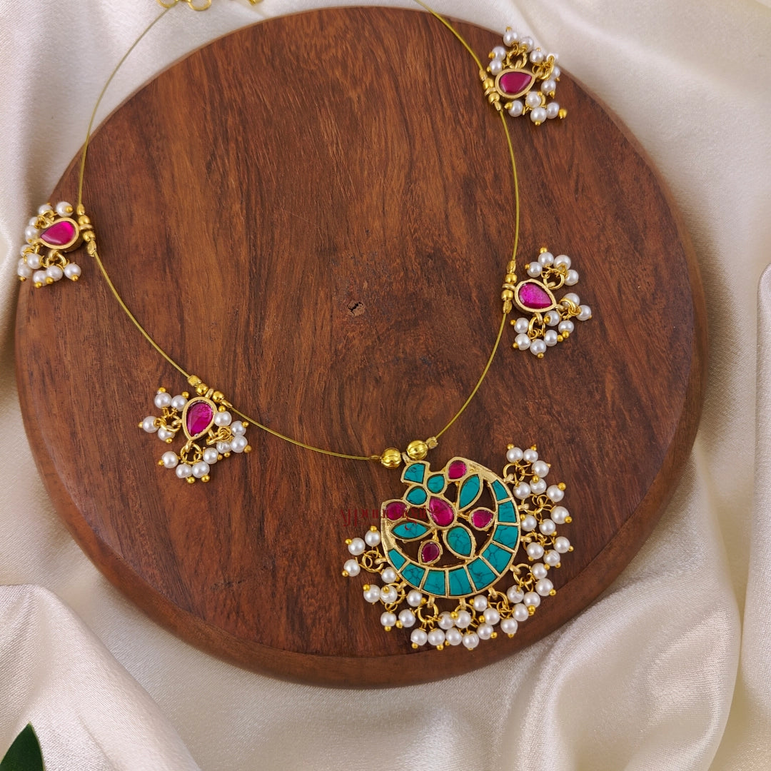 Floral Kundan Jadau Invisible Necklace - Turquoise With Pink