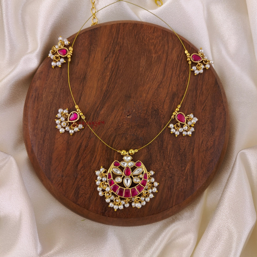 Floral Kundan Jadau Invisible Necklace - Pink