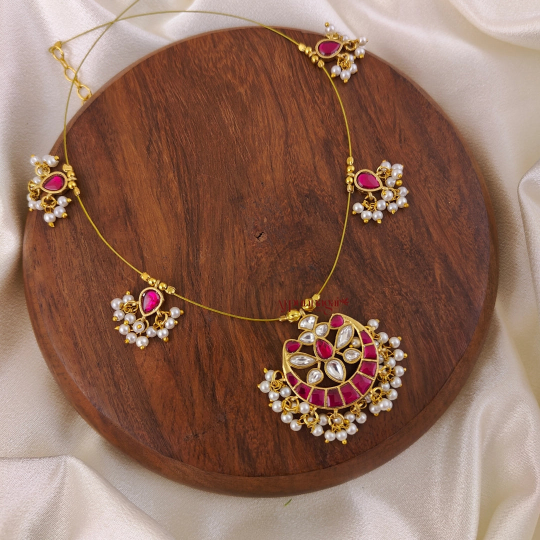 Floral Kundan Jadau Invisible Necklace - Pink