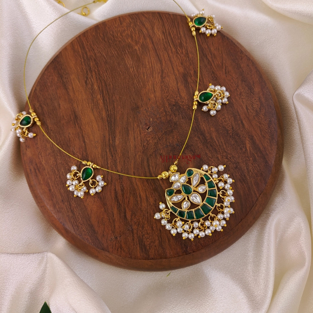 Floral Kundan Jadau Invisible Necklace - Green