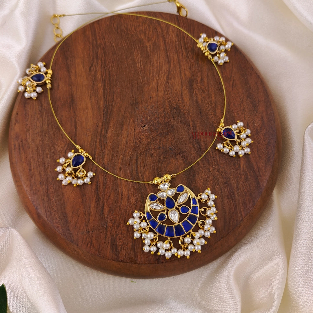 Floral Kundan Jadau Invisible Necklace - Blue