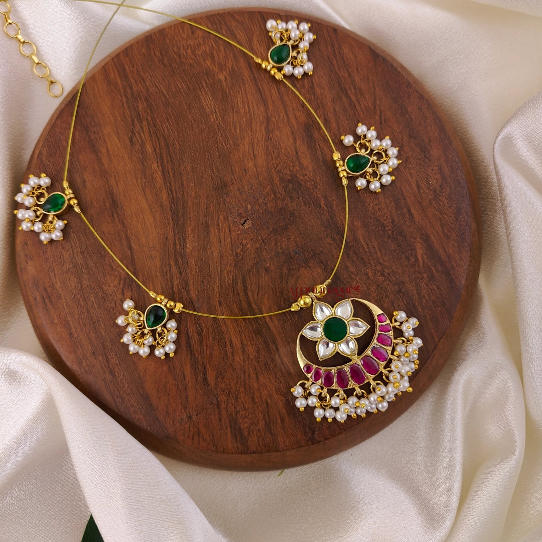 Star With Moon Shaped Kundan Jadau Invisible Necklace
