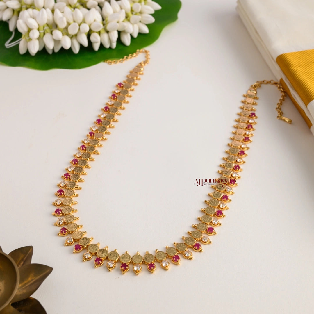 Lakshmi Coin Gold Finish Haram - Pink With White