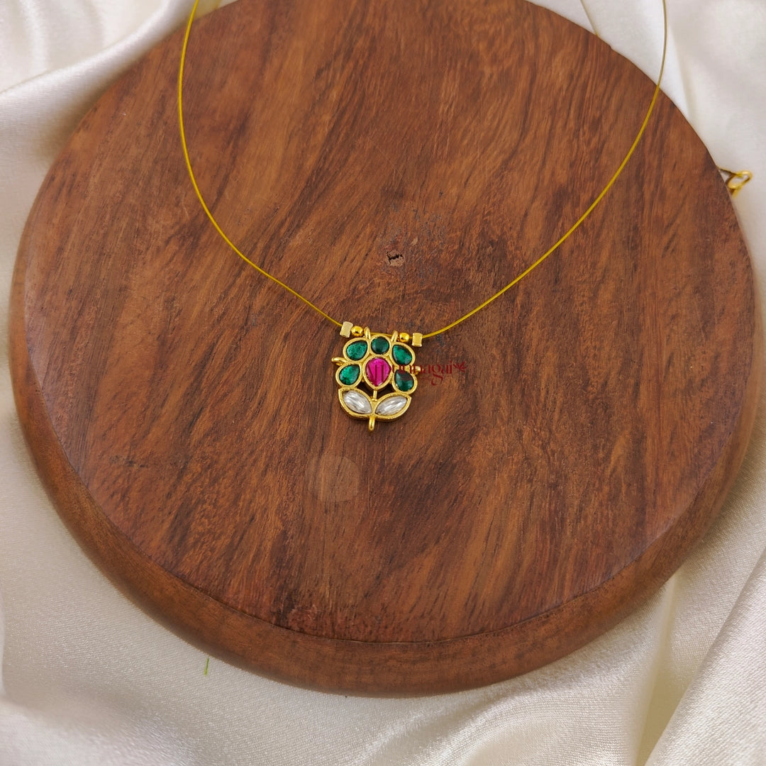 Floral Kundan Jadau Invisible Necklace - Green With Ruby
