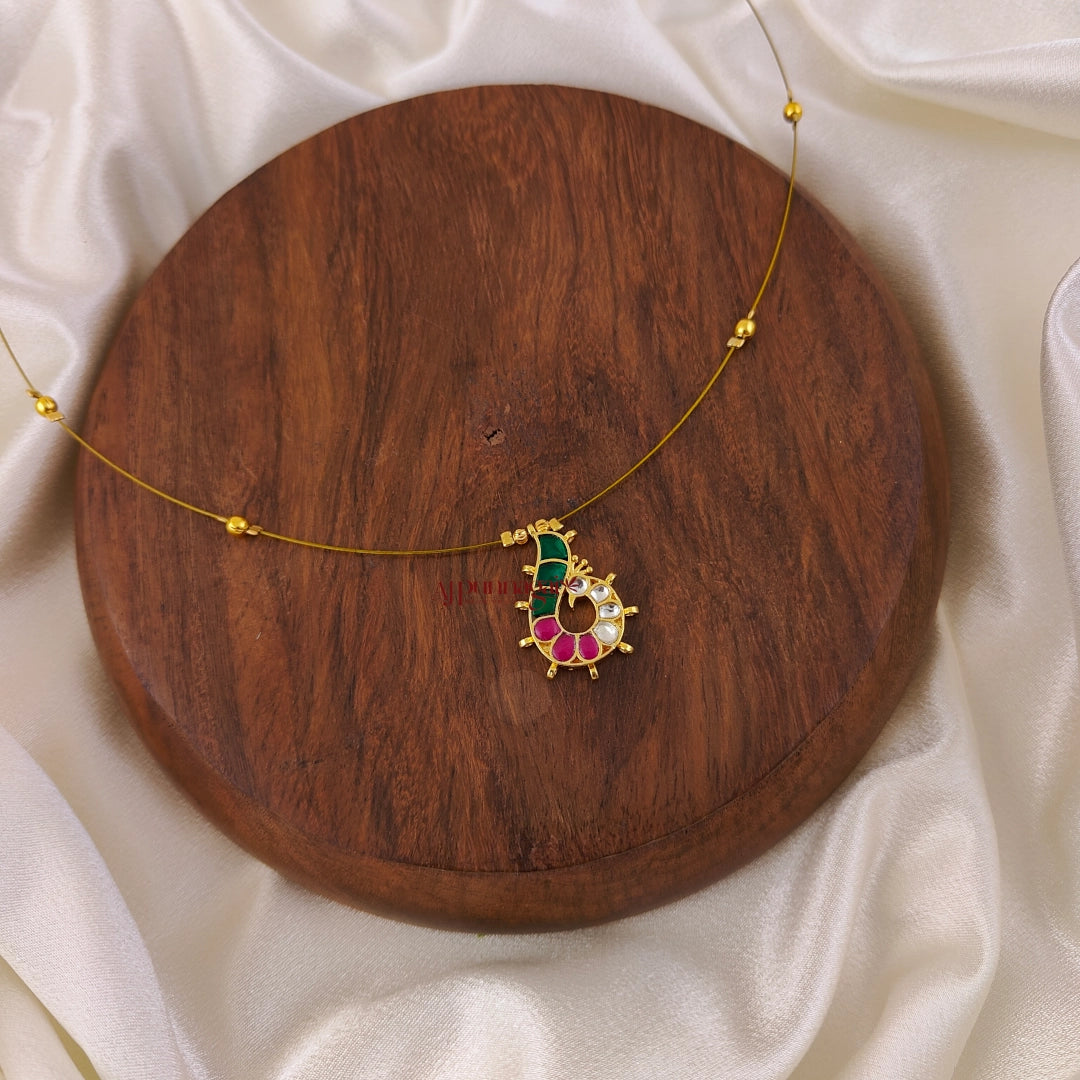 Dancing Peacock Kundan Jadau Invisible Necklace - Green With Ruby - Right