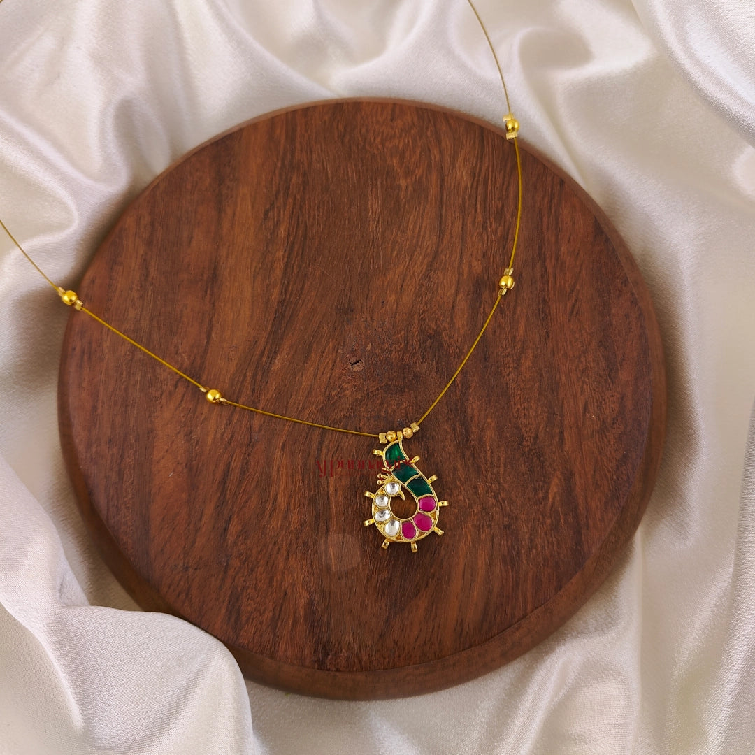 Dancing Peacock Kundan Jadau Invisible Necklace - Green With Ruby - Left
