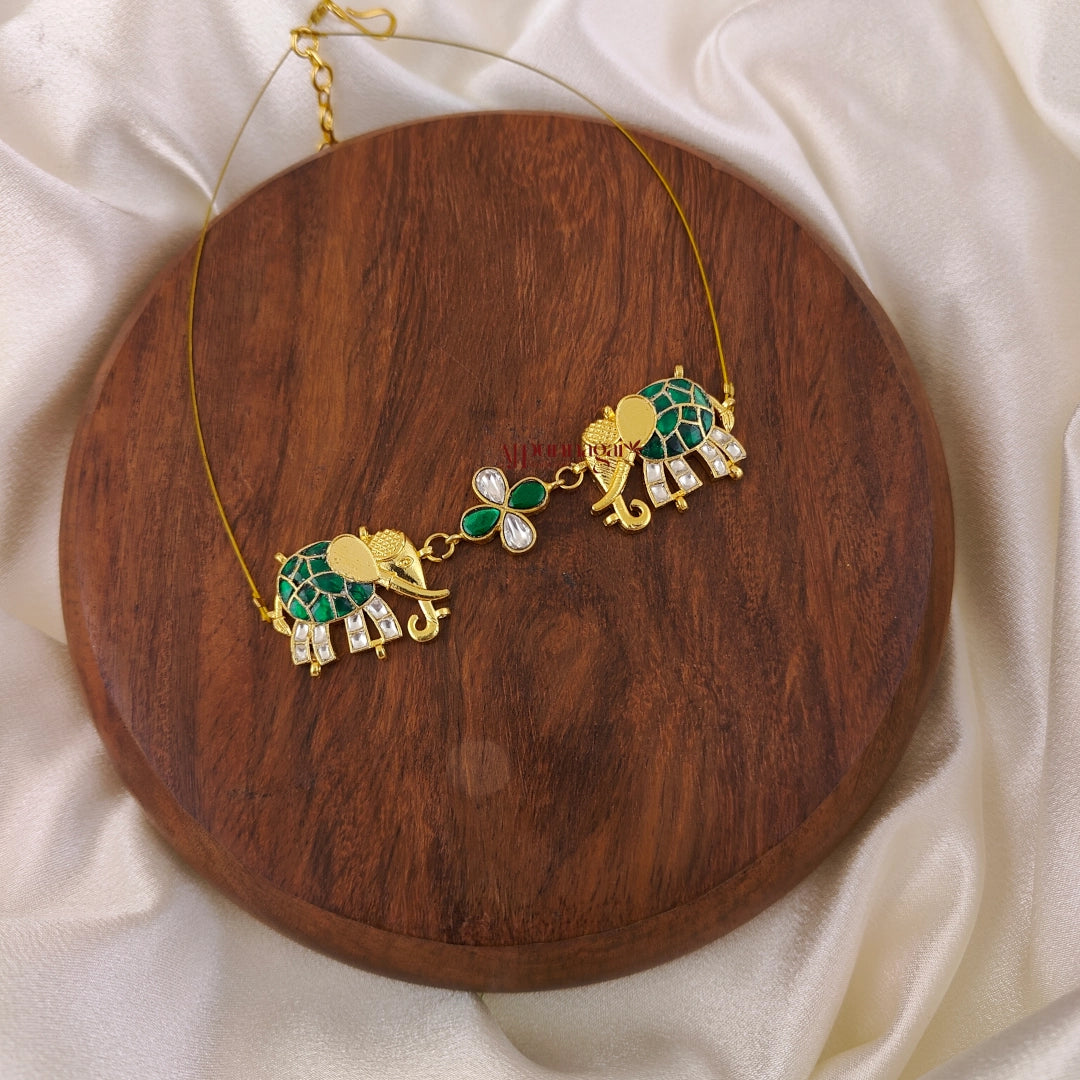 Unique Elephant Kundan Jadau Invisible Necklace - Green With White
