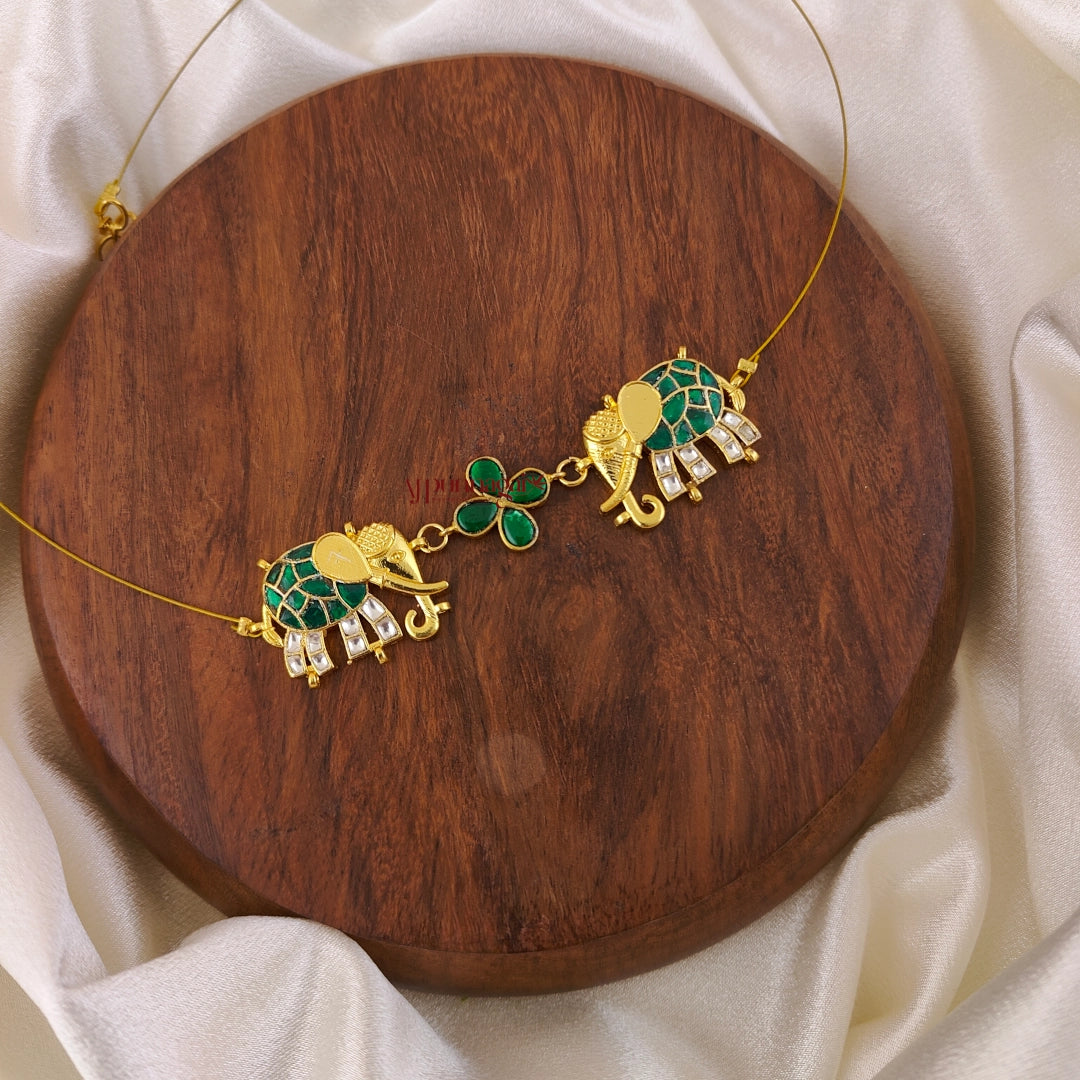 Unique Elephant Kundan Jadau Invisible Necklace - Green