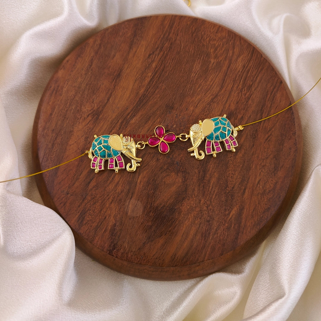 Unique Elephant Kundan Jadau Invisible Necklace - Turquoise With Pink