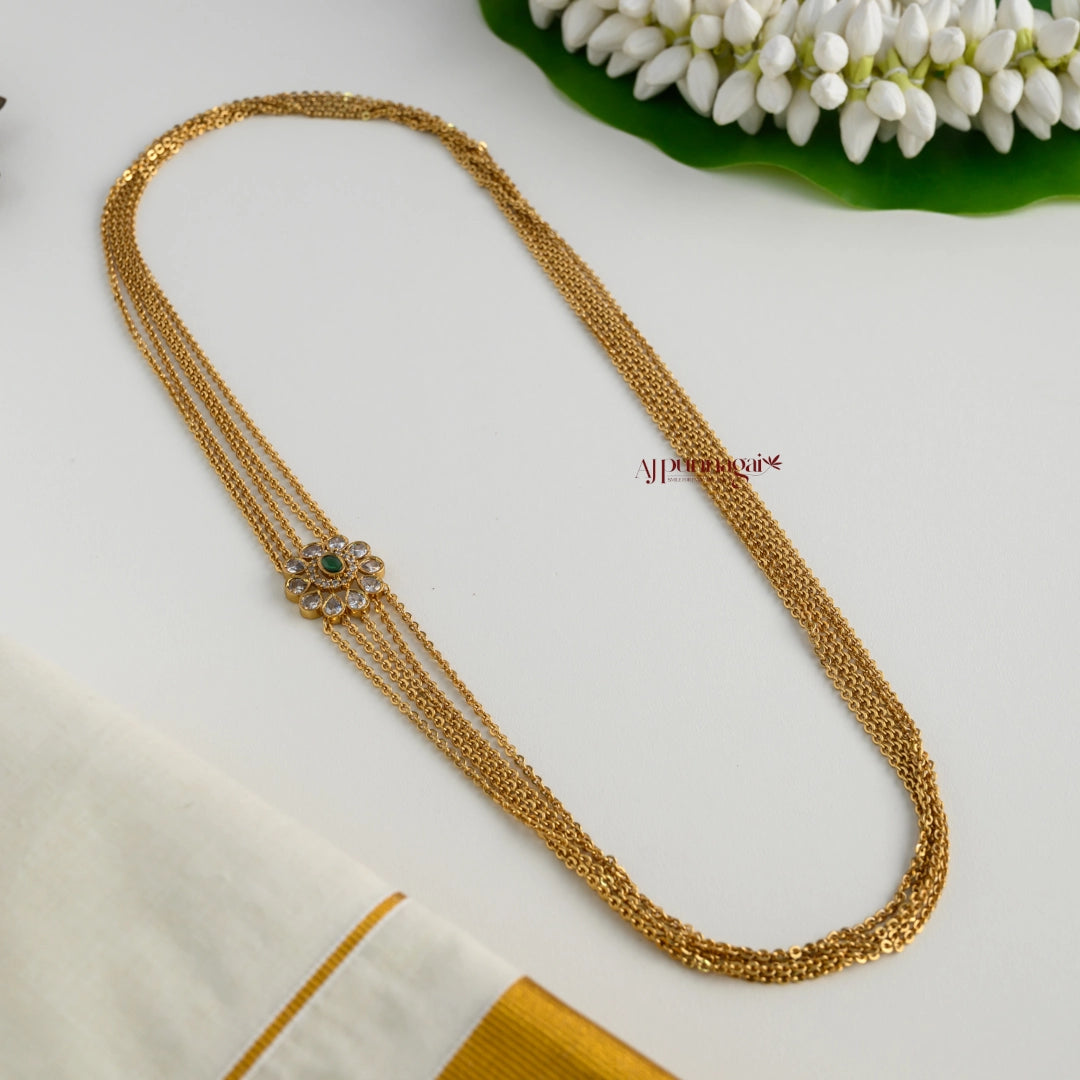 Gold Look Alike Floral Mogappu Chain - Green