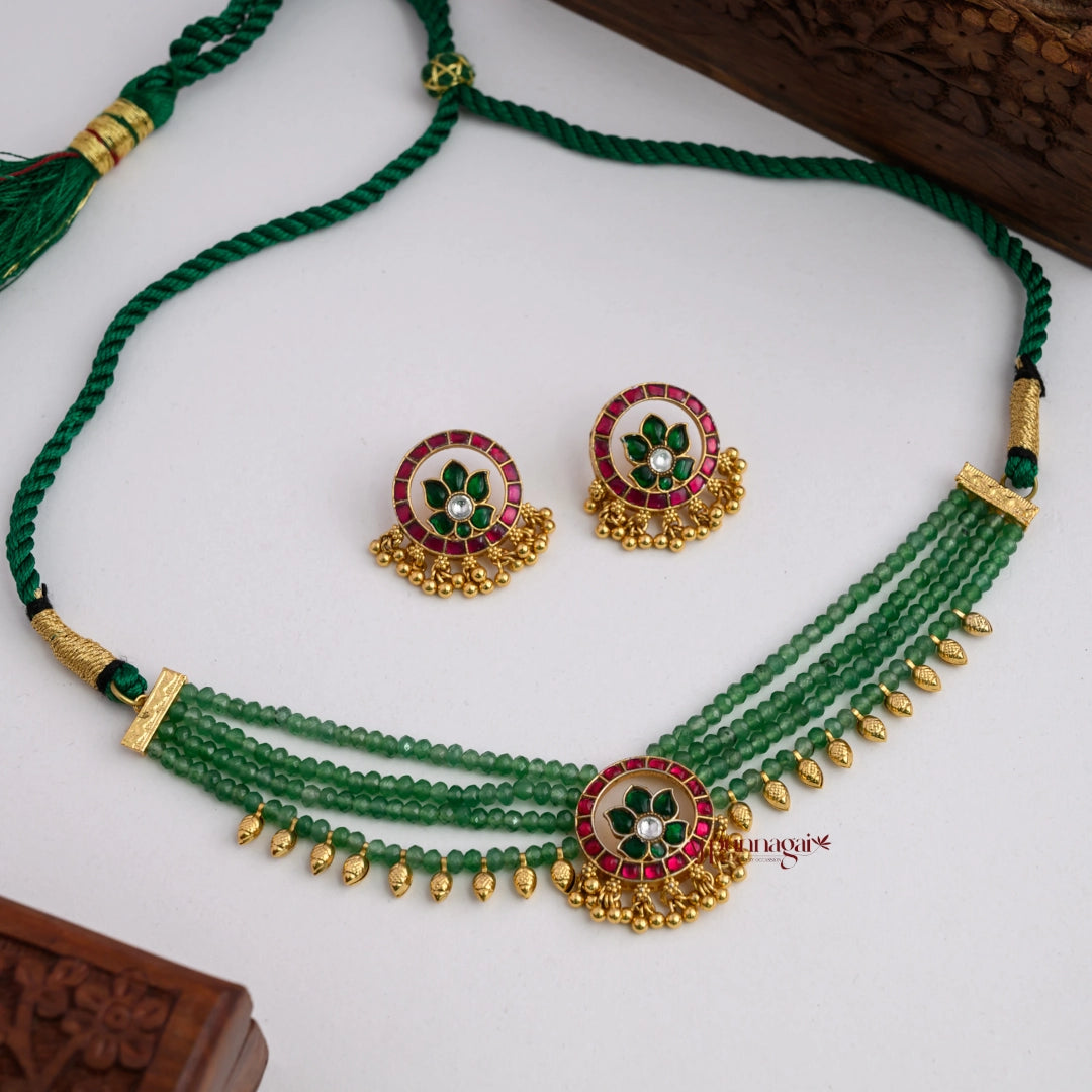 Gold Look Alike Kundan Jadau Green Beaded Choker