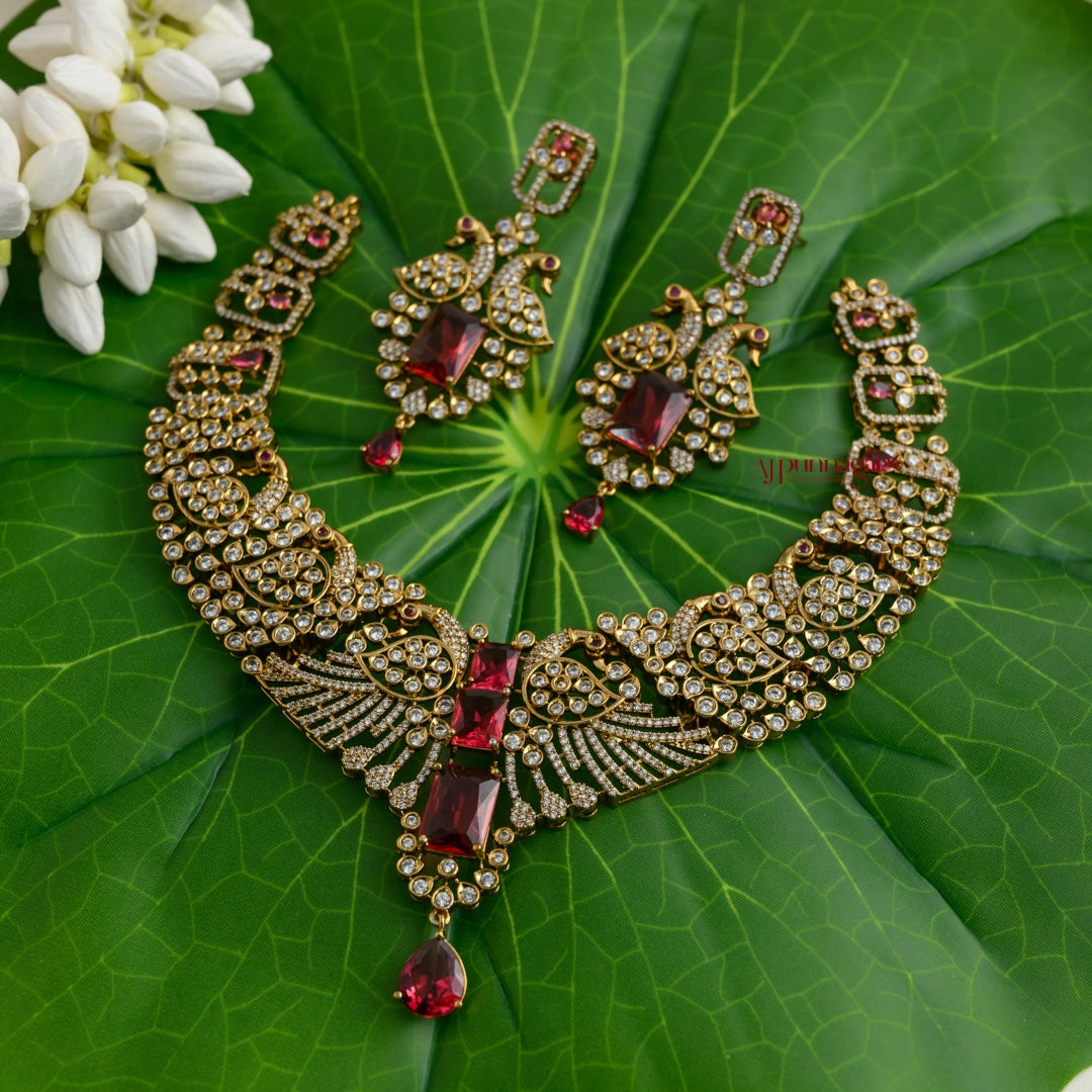 Sparkling AD Peacock Necklace - Red