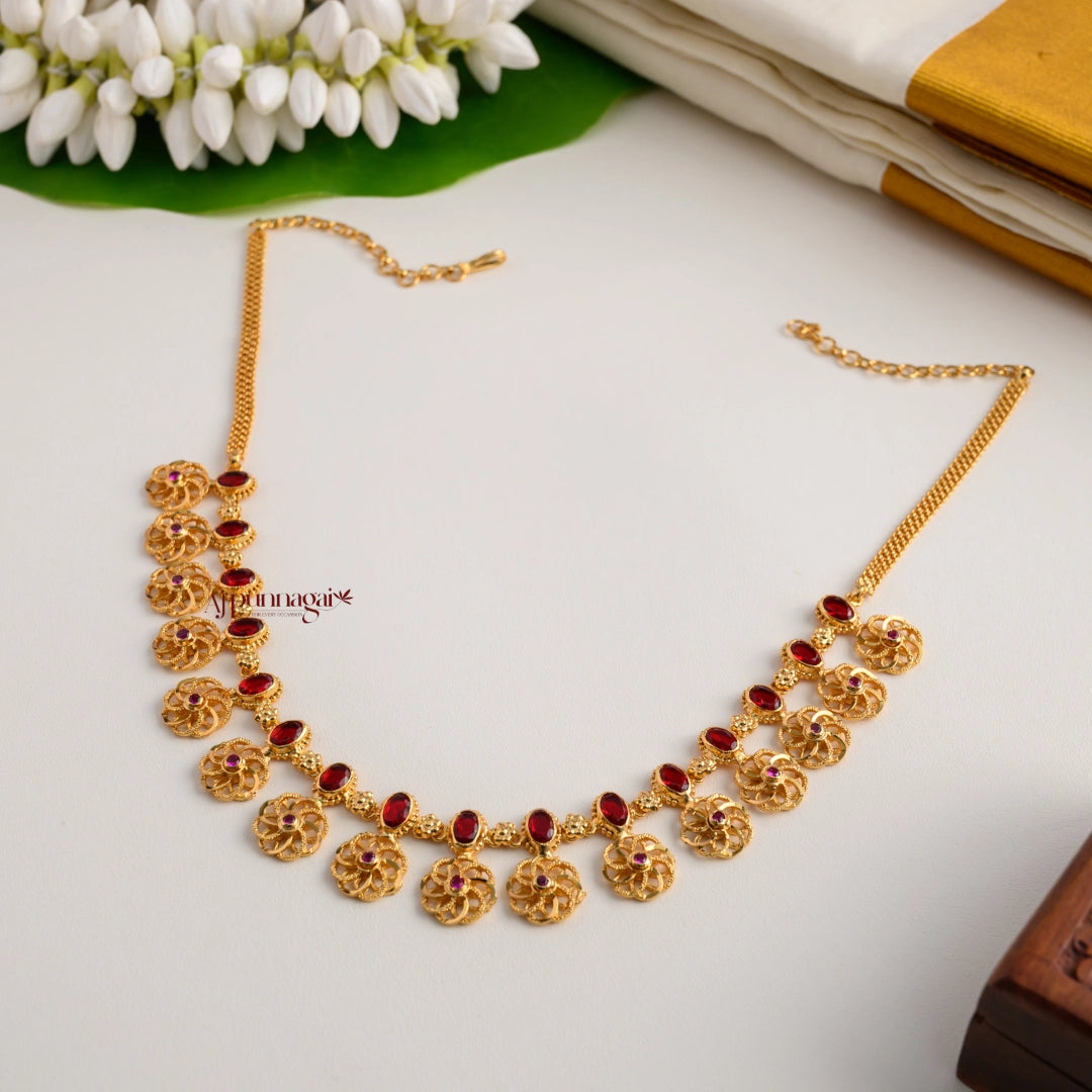 Floral Gold Finish Necklace - Red